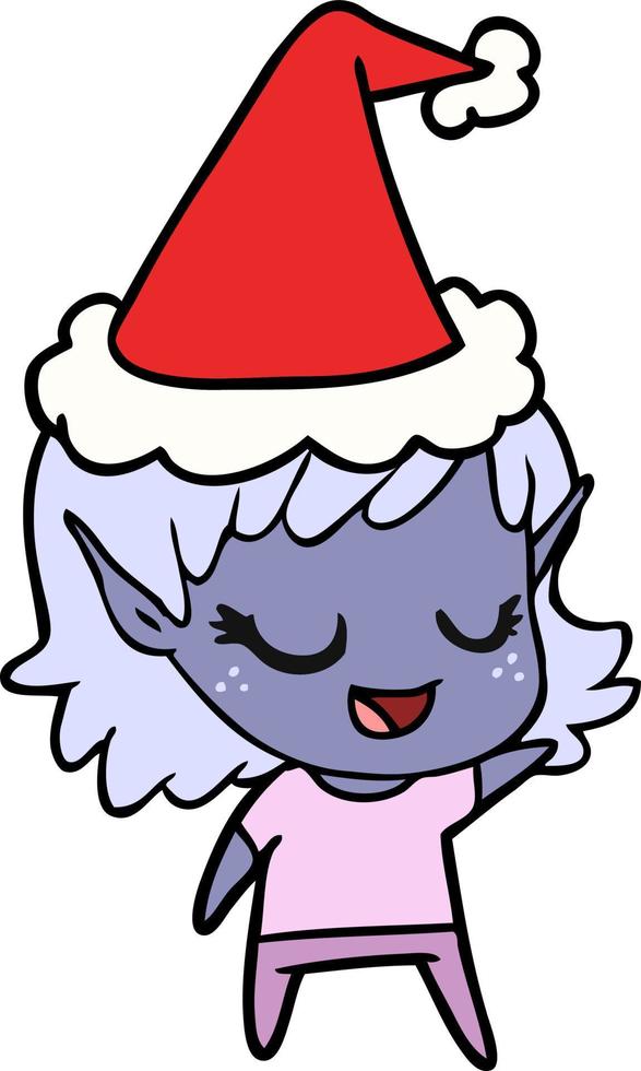 desenho de linha feliz de uma garota elfa usando chapéu de papai noel vetor