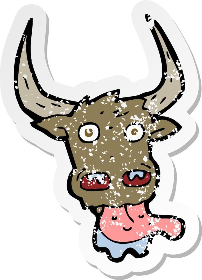 adesivo retrô angustiado de um rosto de vaca de desenho animado vetor