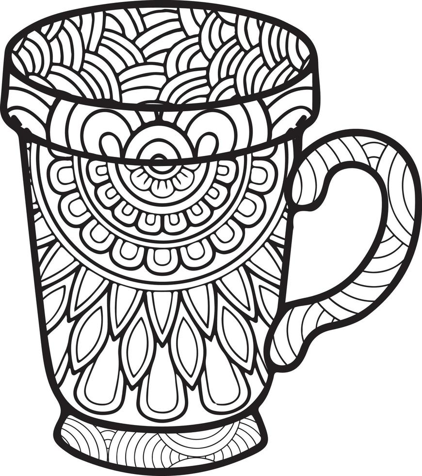 caneca de café ou xícara de chá com padrões abstratos no estilo de zentangle, doodle. ilustração desenhada à mão, livro de colorir para adultos. vetor