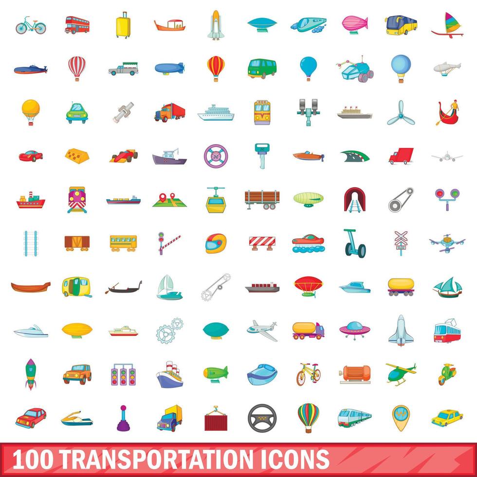 conjunto de 100 ícones de transporte, estilo cartoon vetor