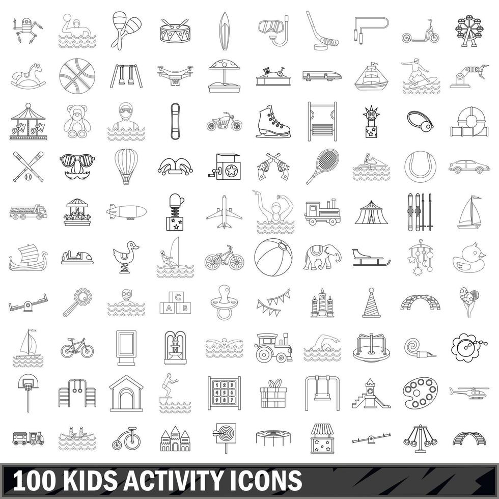 Conjunto de ícones de atividade de 100 crianças, estilo de contorno vetor
