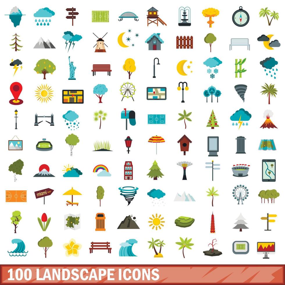 conjunto de 100 ícones de paisagem, estilo simples vetor
