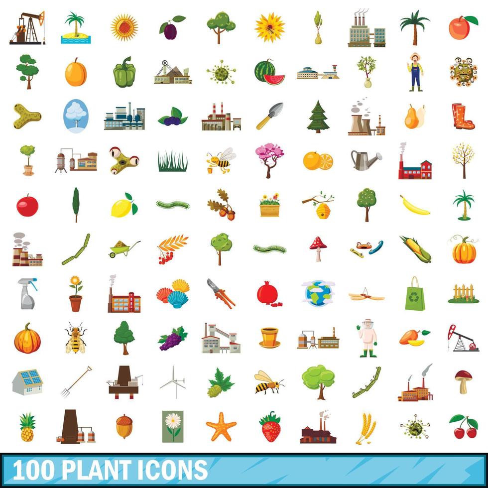 conjunto de 100 ícones de plantas, estilo cartoon vetor