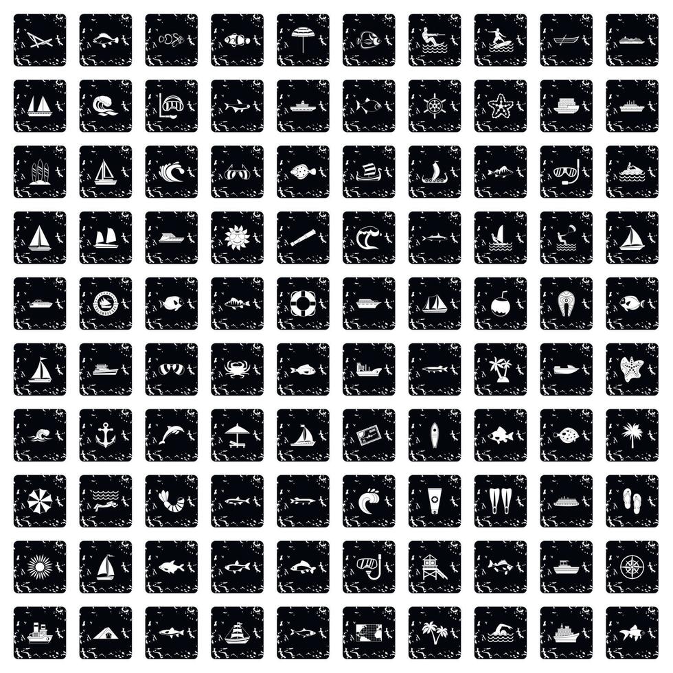 conjunto de 100 ícones do mar, estilo grunge vetor