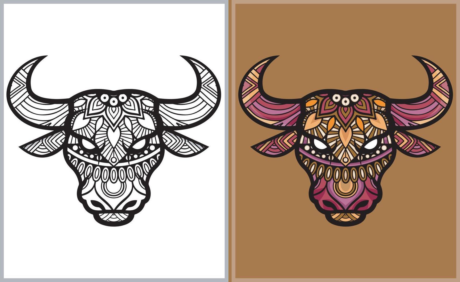 artes coloridas de doodle de cabeça de touro. touro para colorir vetor