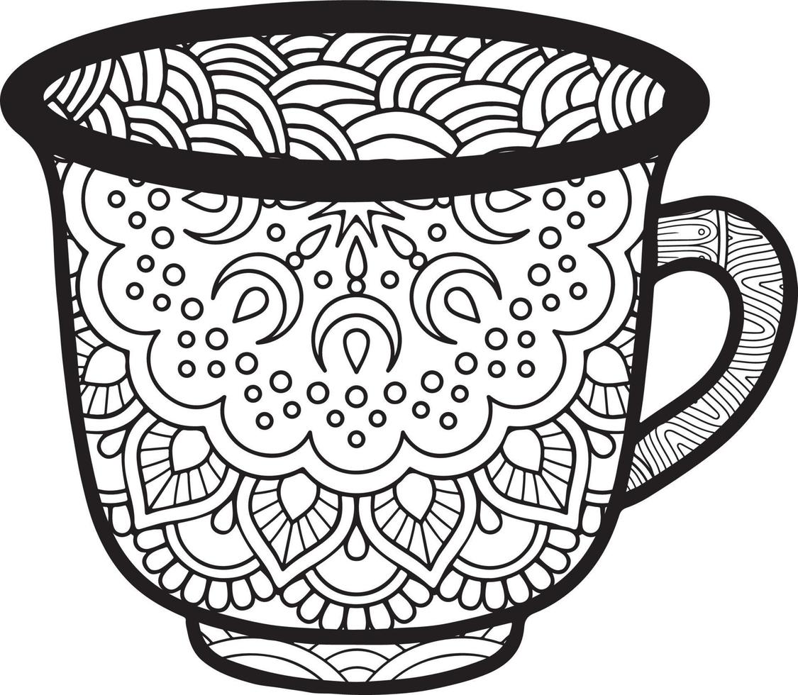 caneca de café ou xícara de chá com padrões abstratos no estilo de zentangle, doodle. ilustração desenhada à mão, livro de colorir para adultos. vetor