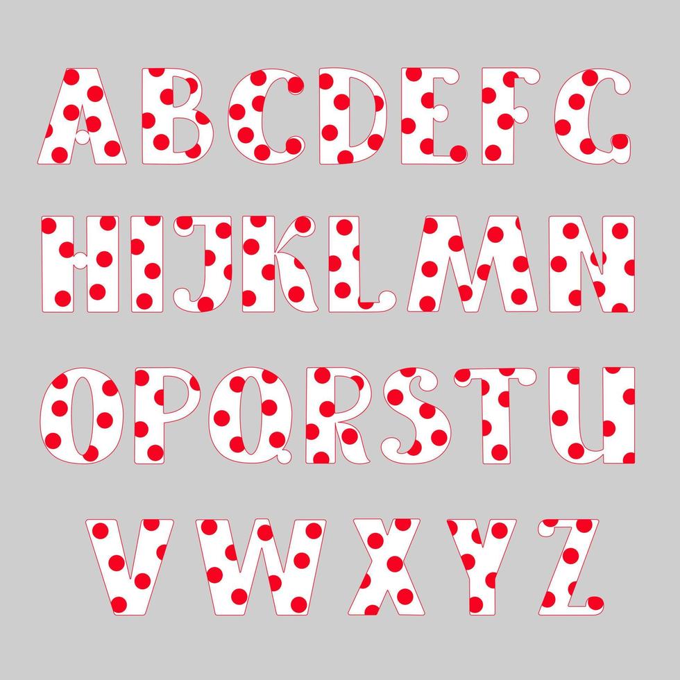 capital branco decorado com bolinhas vermelhas letras desenhadas à mão do alfabeto inglês ilustração vetorial de estilo de desenho animado simples, abc caligráfico, caligrafia engraçada fofa, doodle e letras vetor