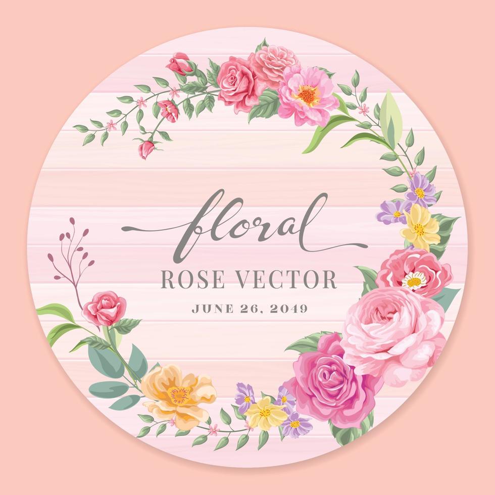linda flor rosa e folha botânica na etiqueta de madeira círculo ilustração digital pintada para amor casamento dia dos namorados ou arranjo convite design cartão de saudação vetor