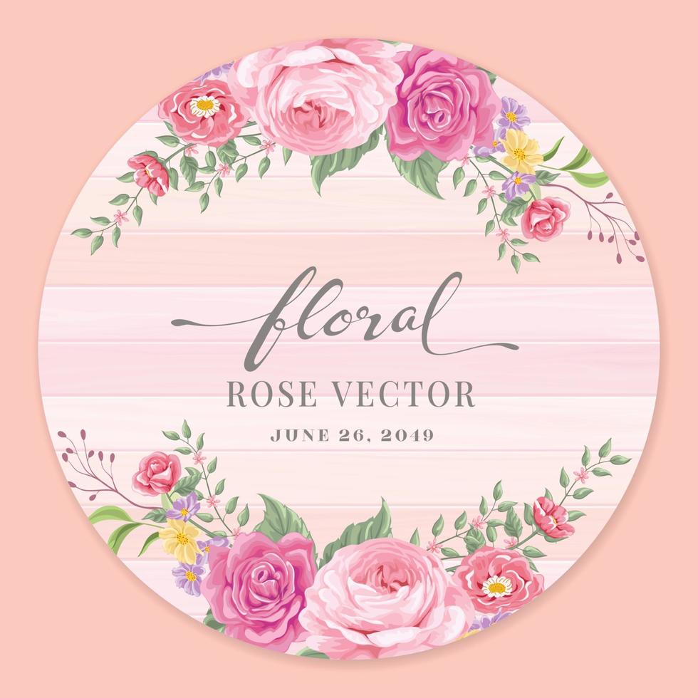linda flor rosa e folha botânica na etiqueta de madeira círculo ilustração digital pintada para amor casamento dia dos namorados ou arranjo convite design cartão de saudação vetor