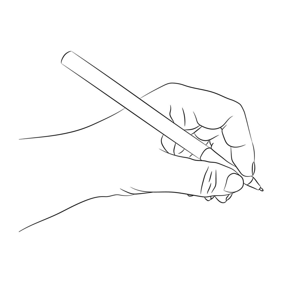 canhoto escrevendo ou desenhando algo. conceito de pessoa canhota. uma mão masculina segurando a caneta. esboço de linha preto e branco, isolado. ilustração vetorial. vetor
