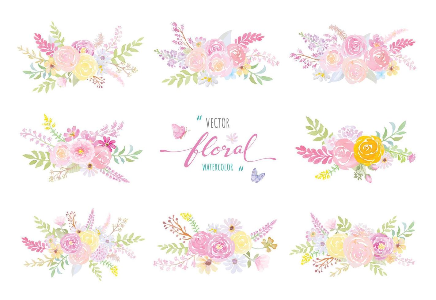 ilustração pintada à mão em aquarela linda flor rosa folha botânica e coleção de borboletas para amor casamento dia dos namorados ou arranjo convite design cartão de saudação vetor