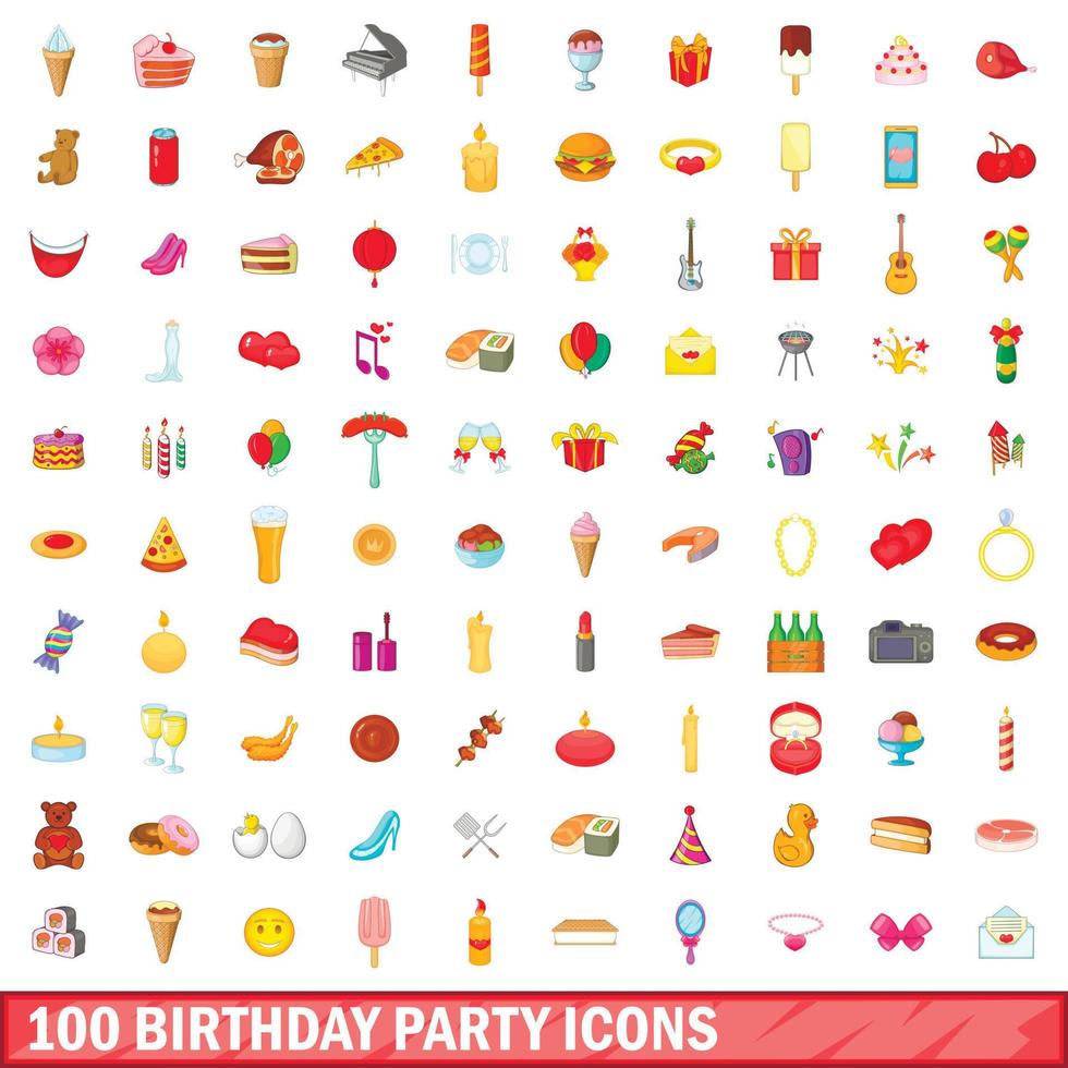conjunto de 100 ícones de festa de aniversário, estilo cartoon vetor