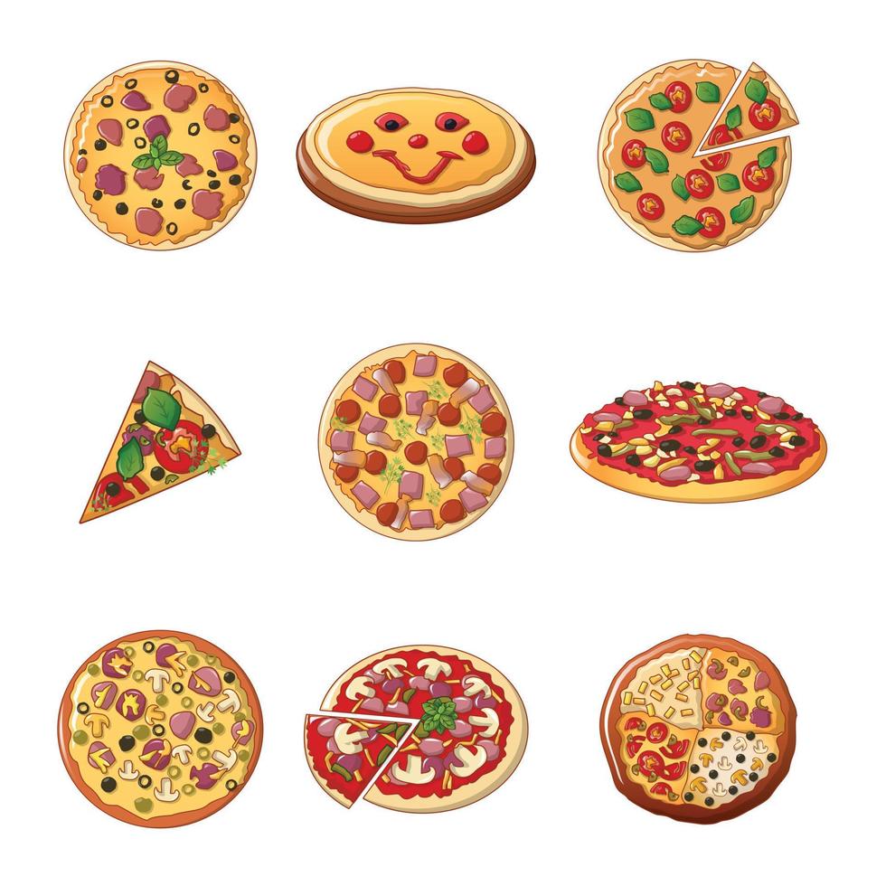 conjunto de ícones de pizza, estilo cartoon vetor