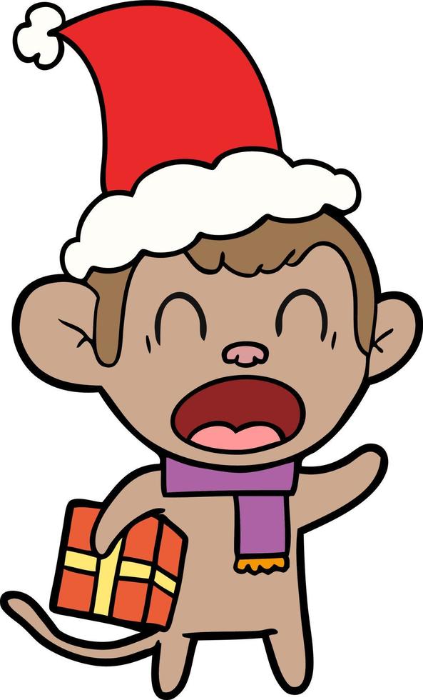 gritando desenho de linha de um macaco carregando presente de natal usando chapéu de papai noel vetor