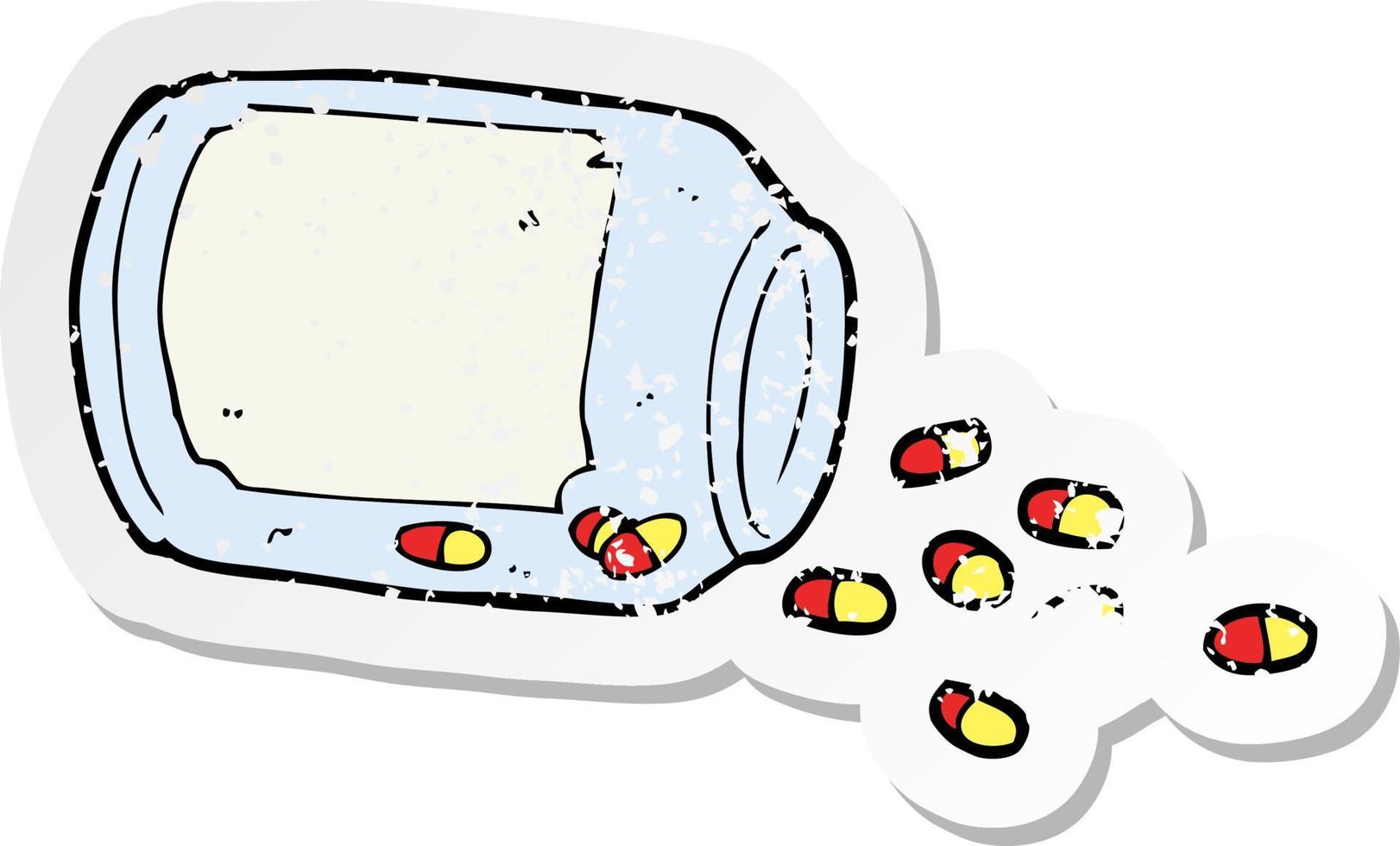 adesivo retrô angustiado de um frasco de desenho animado de pílulas vetor