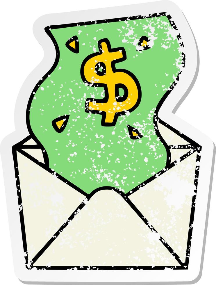 adesivo angustiado de um dólar de desenho animado desenhado à mão peculiar no envelope vetor