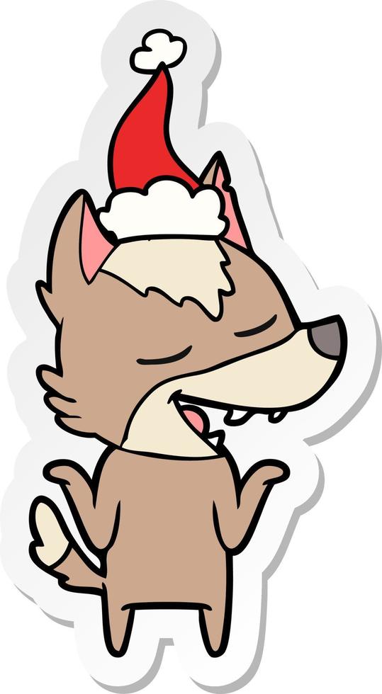 desenho de adesivo de um lobo rindo usando chapéu de papai noel vetor