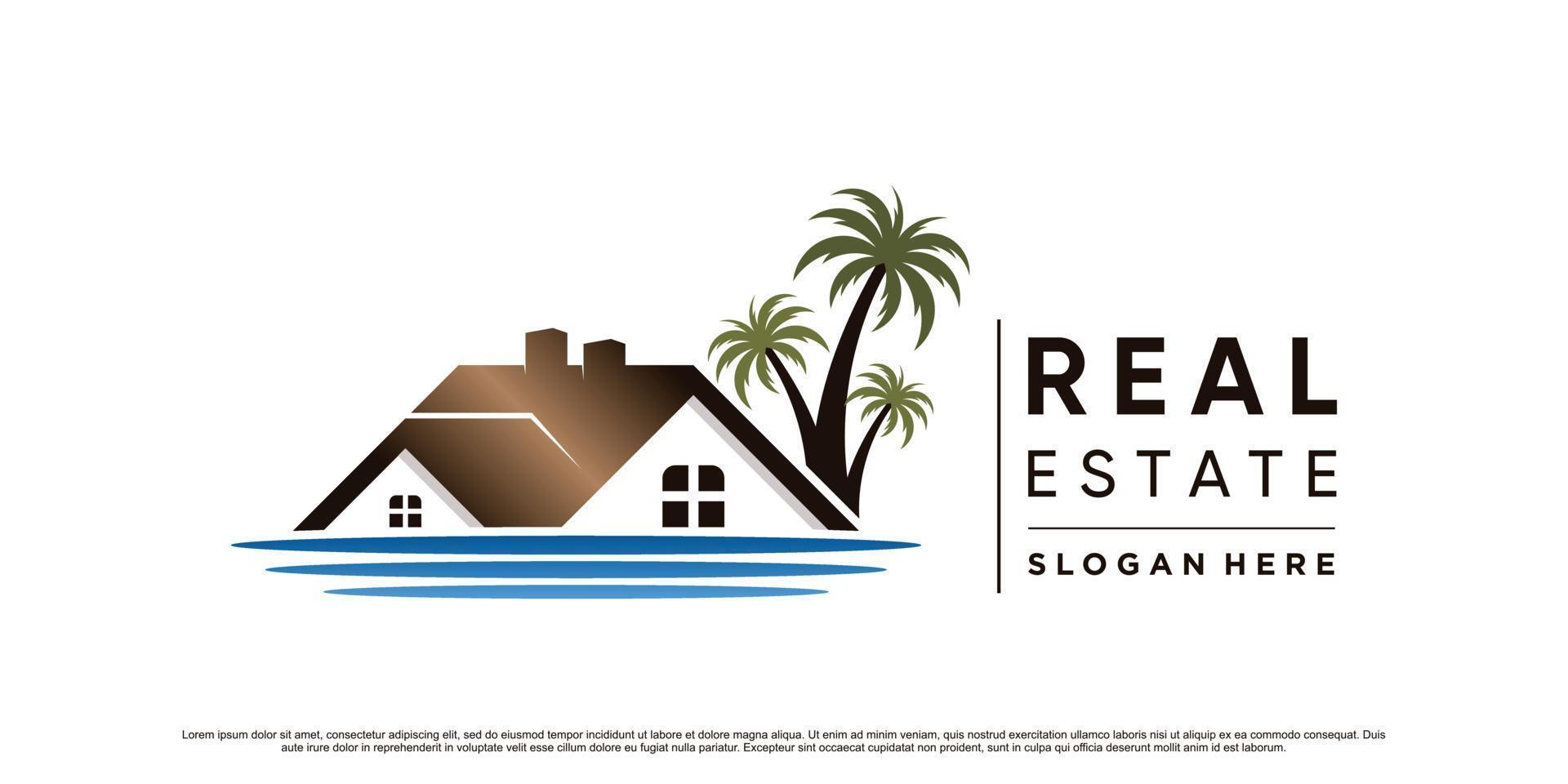 inspiração de design de logotipo imobiliário com palmeira e vetor premium de logotipo de onda