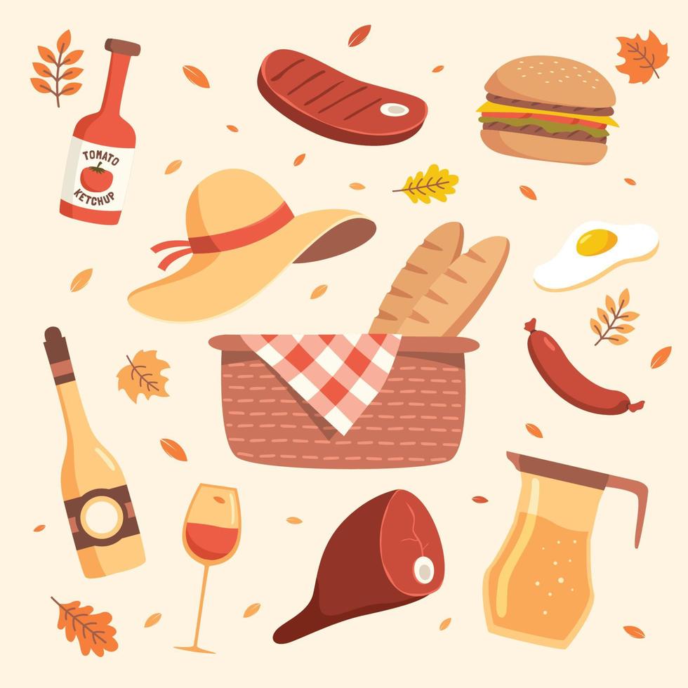 ícone de conjunto de comida de piquenique de outono vetor
