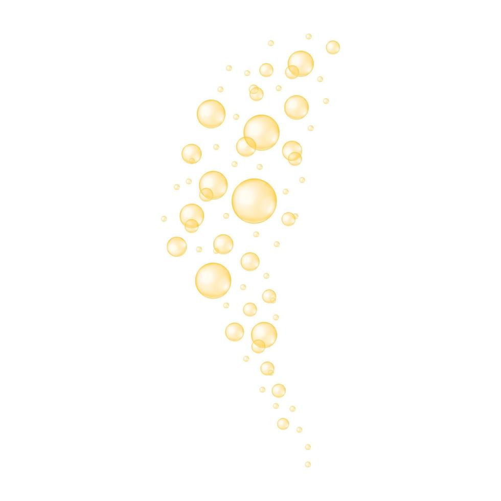 fluxo de bolhas de ouro. textura de bebida gaseificada efervescente. bolas brilhantes de colágeno, soro, óleo cosmético de jojoba, vitamina a ou e, ácidos graxos ômega vetor
