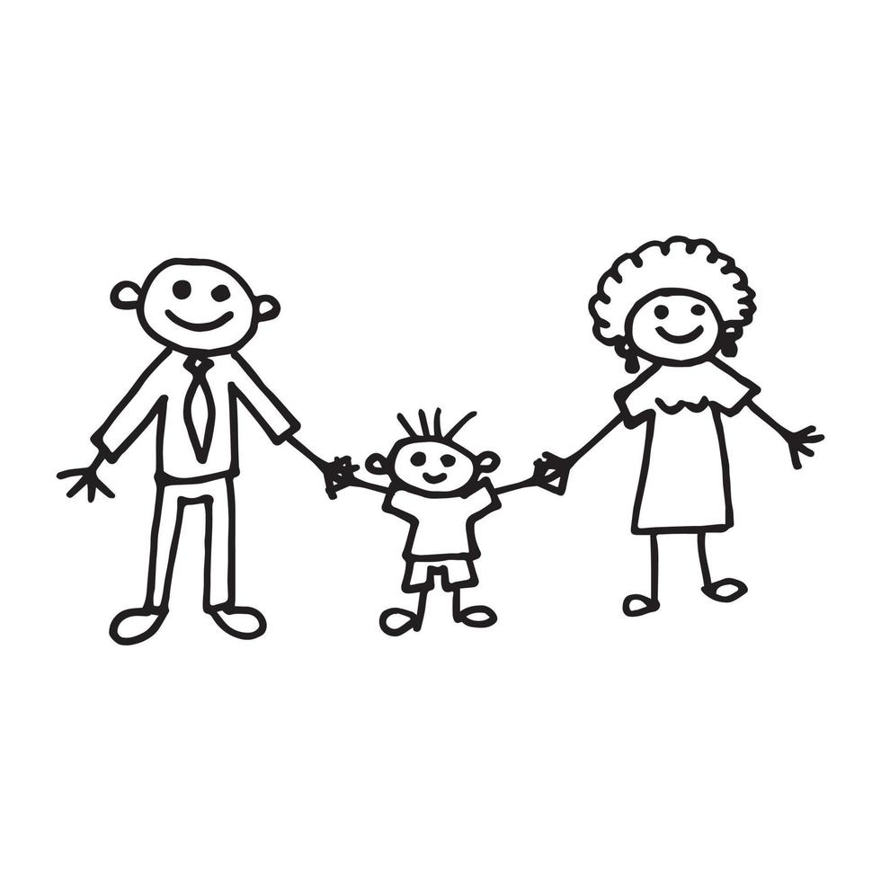 família desenhada à mão de pai, mãe e filho, doodle de contorno de filho vetor