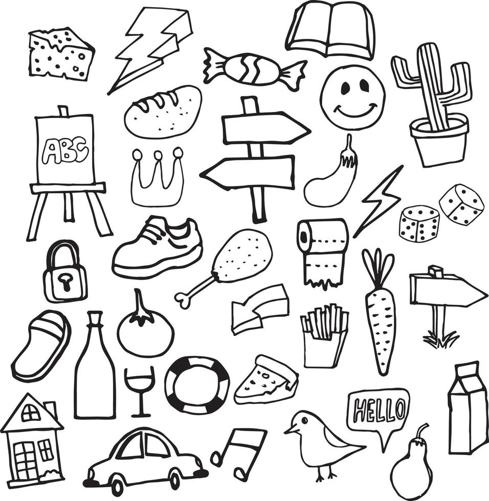 um conjunto de vários esboços de doodle desenhados à mão de comida, frutas, educação, escola, pássaro, vinho, casa, poste de sinalização e muito mais vetor