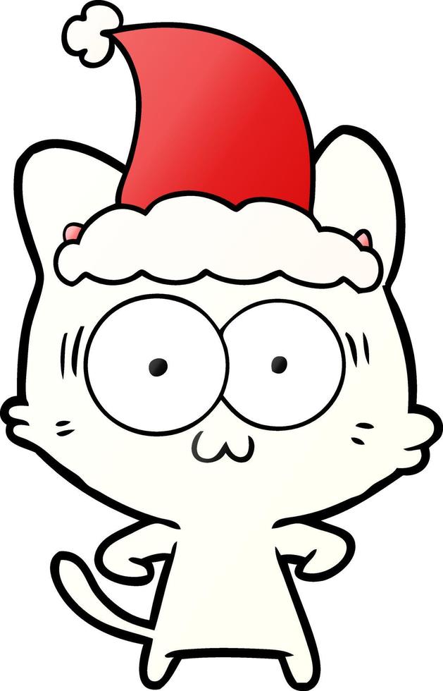 desenho de gradiente de um gato surpreso usando chapéu de papai noel vetor