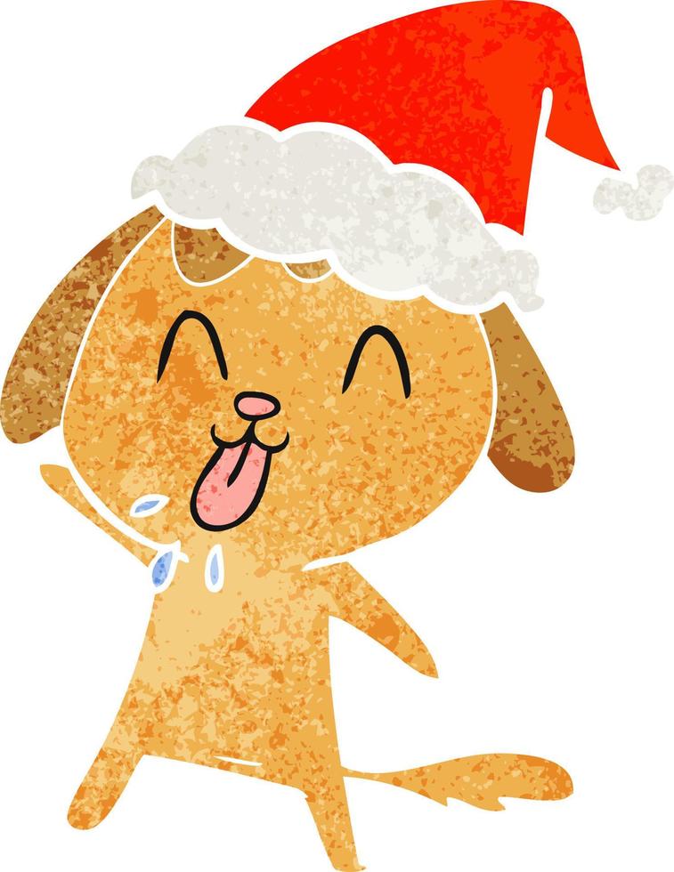 bonito desenho retrô de um cachorro usando chapéu de papai noel vetor