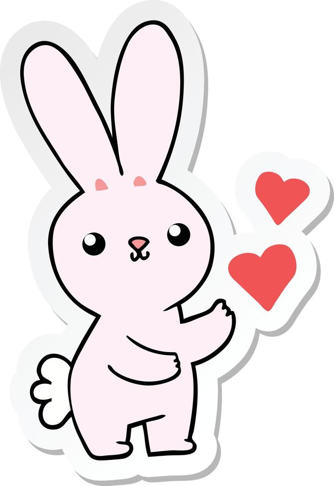 adesivo de um coelho de desenho animado fofo com corações de amor vetor