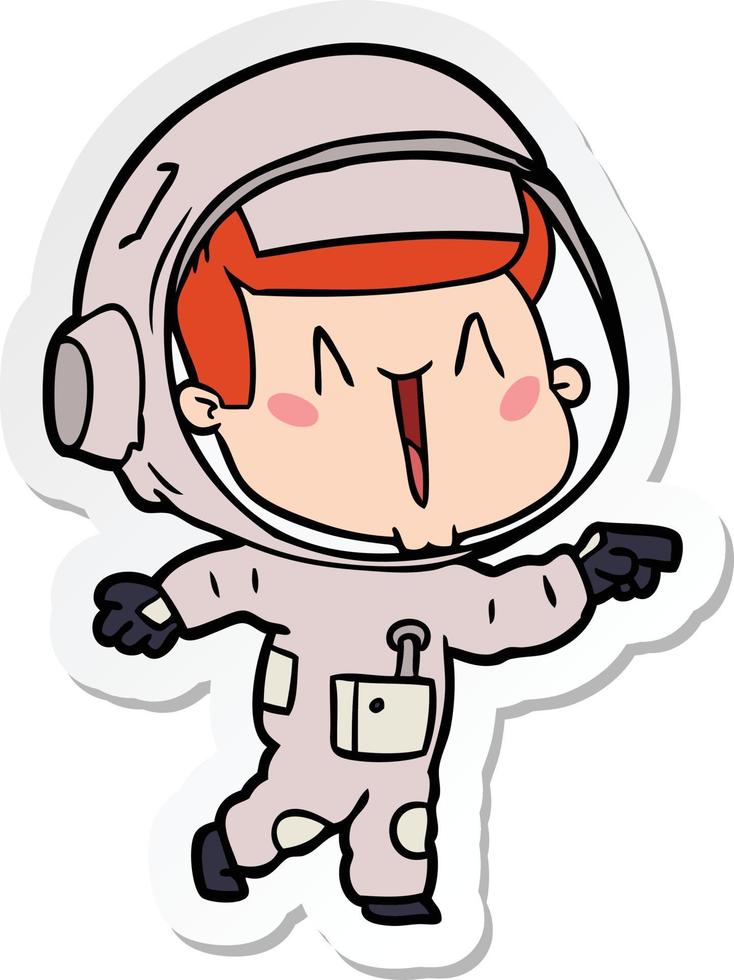 adesivo de um astronauta de desenho animado feliz apontando vetor