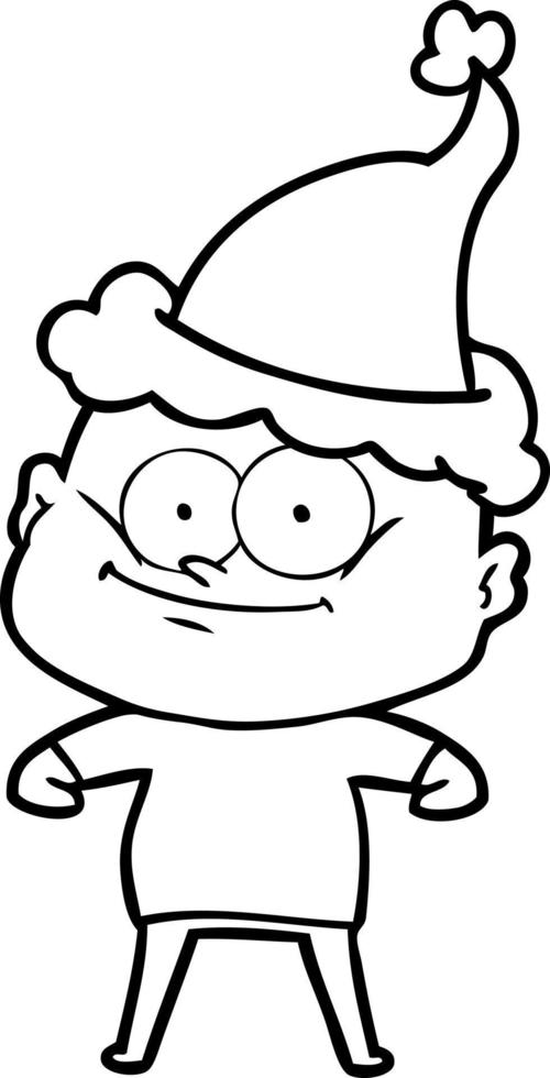 desenho de linha de um homem careca olhando usando chapéu de papai noel vetor