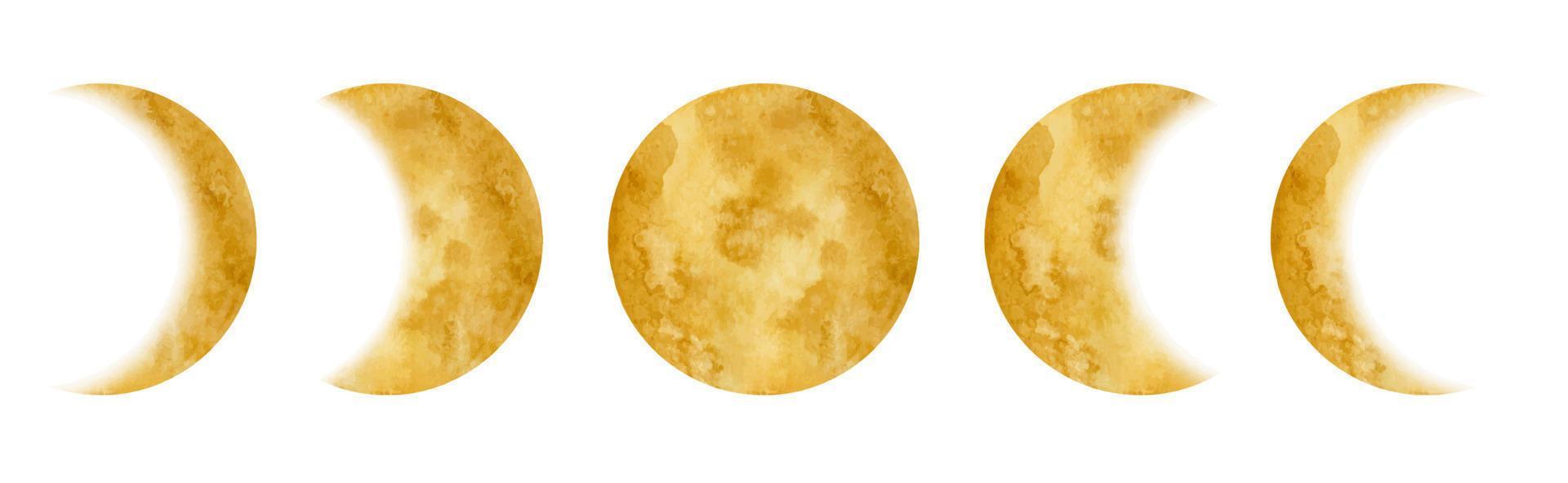 ilustração em aquarela das fases da lua. esboço desenhado de mão do planeta. crescente amarelo sobre fundo branco. desenho de meteoro. metade da lua vetor