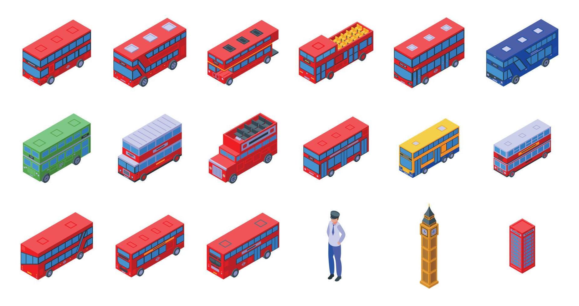 ícones de ônibus de Londres definir vetor isométrico. andar duplo