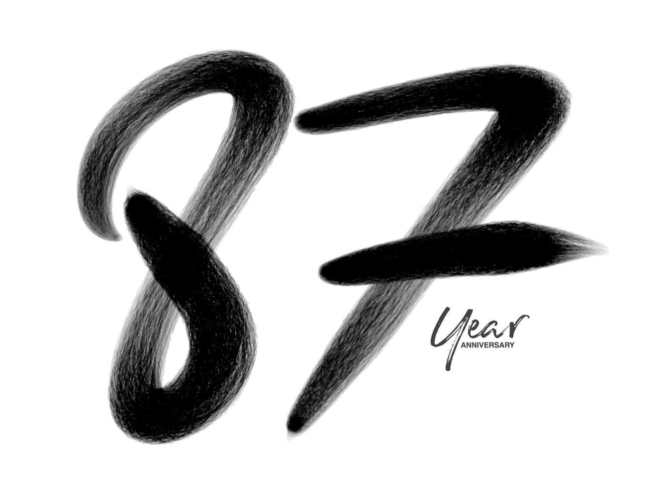 Modelo de vetor de celebração de aniversário de 87 anos, design de logotipo de 87 anos, 87º aniversário, números de letras pretas desenho de pincel esboço desenhado à mão, ilustração vetorial de design de logotipo de número