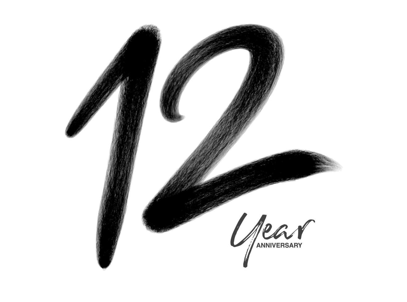 Modelo de vetor de comemoração de aniversário de 12 anos, design de logotipo de 12 anos, 12º aniversário, números de letras pretas desenho de pincel esboço desenhado à mão, ilustração vetorial de design de logotipo de número