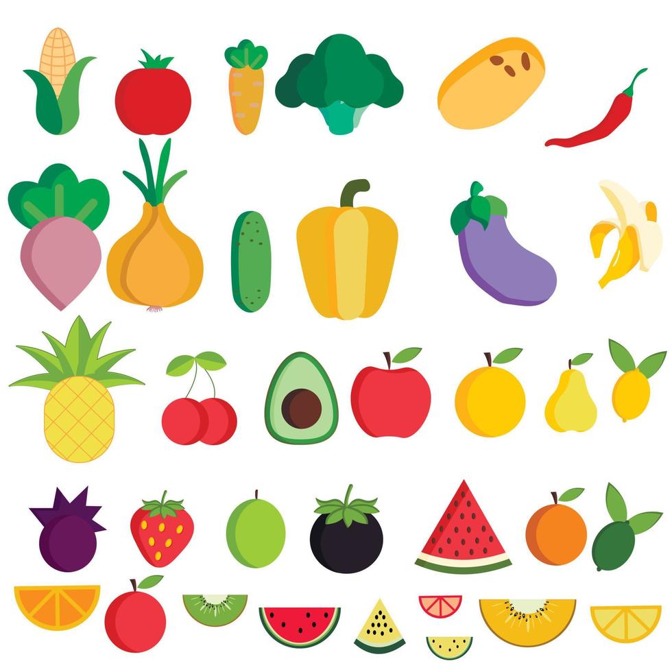 conjunto de personagens engraçados bonitos vegetais frescos e saudáveis e frutas isoladas. vegetais orgânicos de fazenda vegana. estilo de vida saudável. vetor