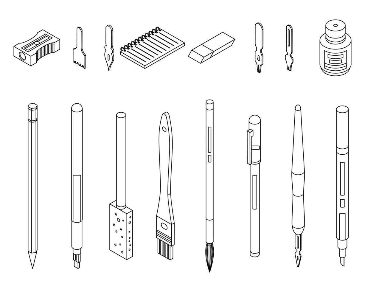 conjunto de ícones de ferramentas de caligrafia contorno vetorial vetor