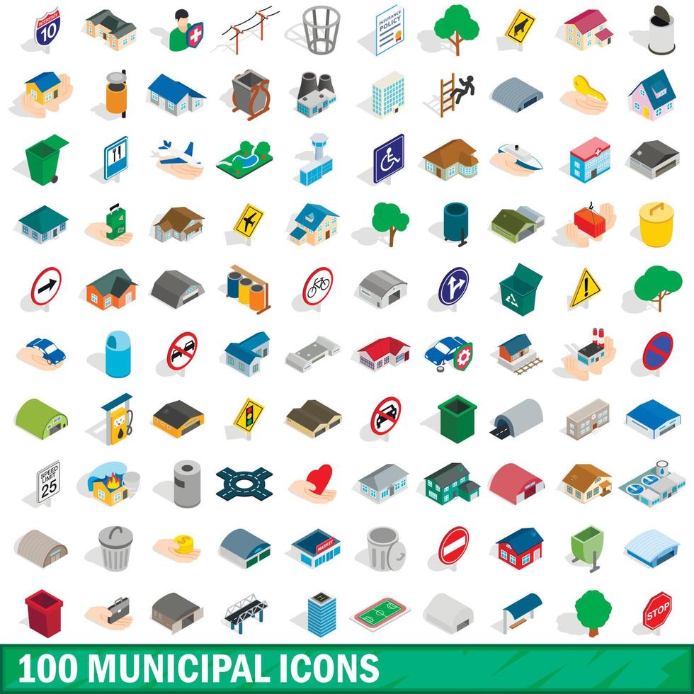 conjunto de 100 ícones municipais, estilo 3d isométrico vetor