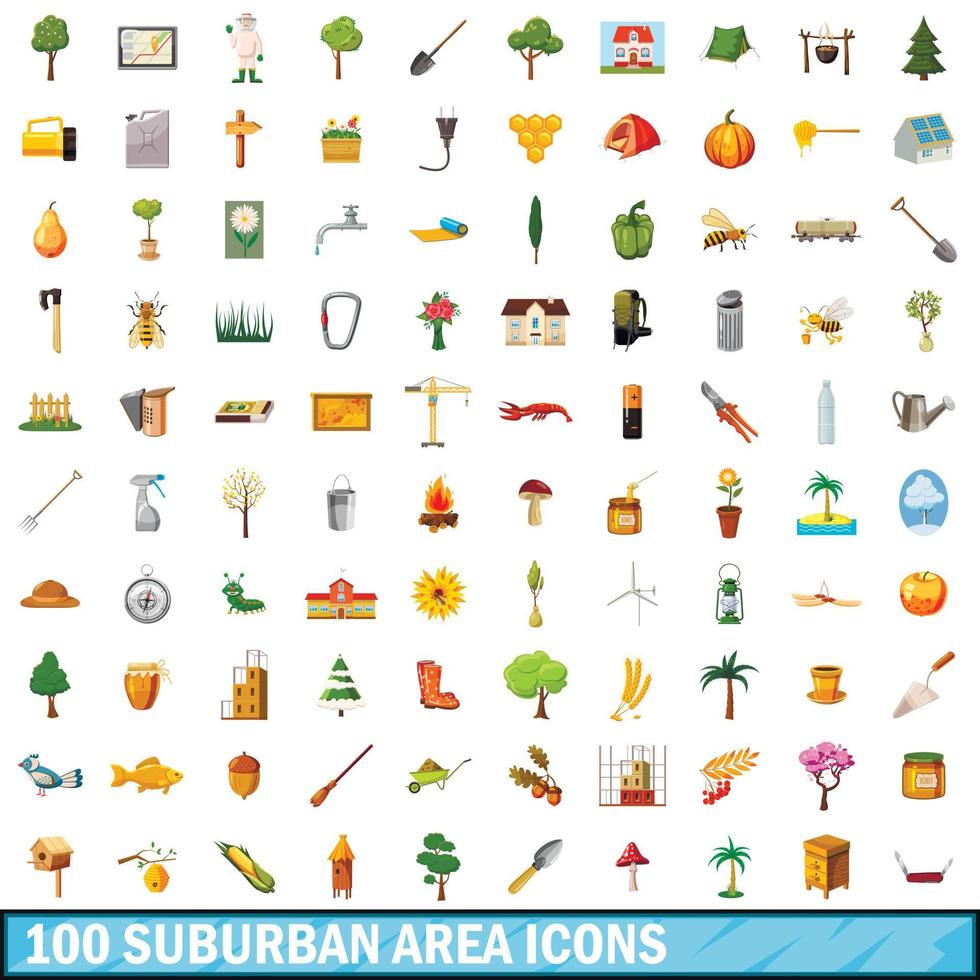 conjunto de 100 ícones de área suburbana, estilo cartoon vetor