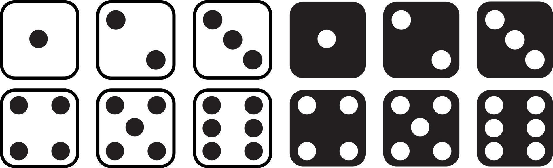 jogo de dados conjunto isolado no fundo branco. conjunto de dados em design plano e linear de um a seis. jogo tradicional dado com marcado com diferentes números de pontos ou pips de 1 a 6. vetor