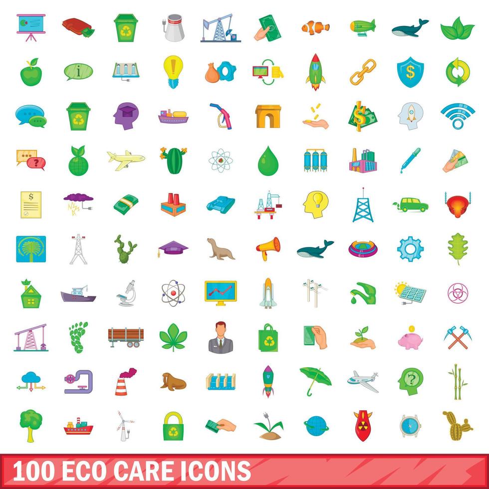 conjunto de 100 ícones de cuidados ecológicos, estilo cartoon vetor