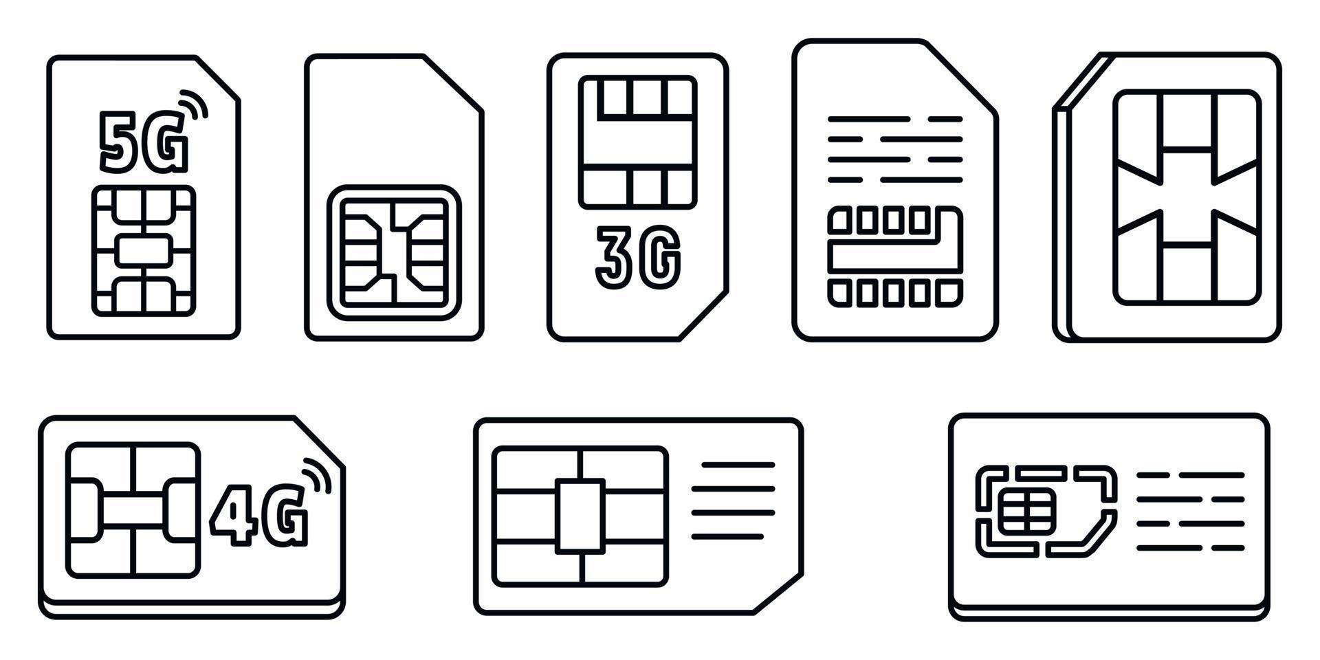 conjunto de ícones de cartão de telefone com chip, estilo de estrutura de tópicos vetor
