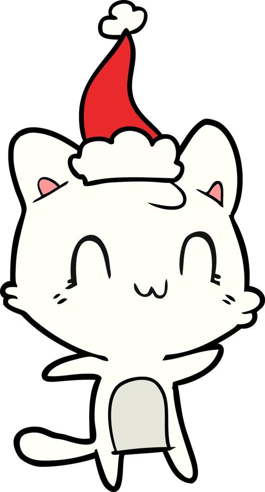 desenho de linha de um gato feliz usando chapéu de papai noel vetor