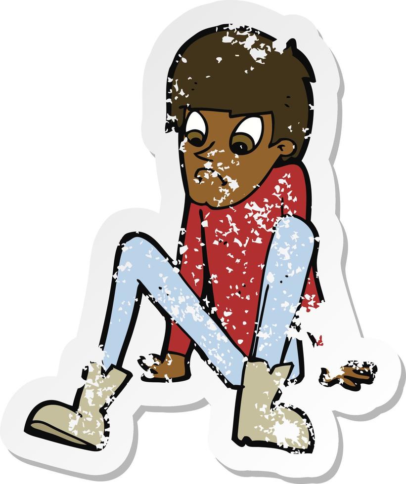 adesivo retrô angustiado de um menino de desenho animado sentado no chão vetor
