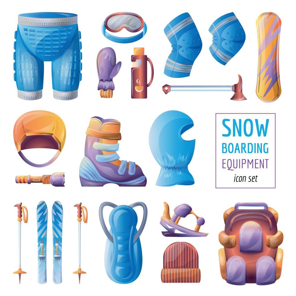 conjunto de ícones de equipamentos de snowboard, estilo cartoon vetor