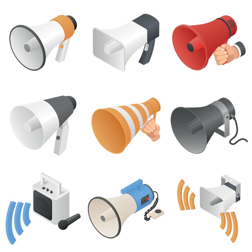 conjunto de ícones de alto-falante megafone, estilo isométrico vetor