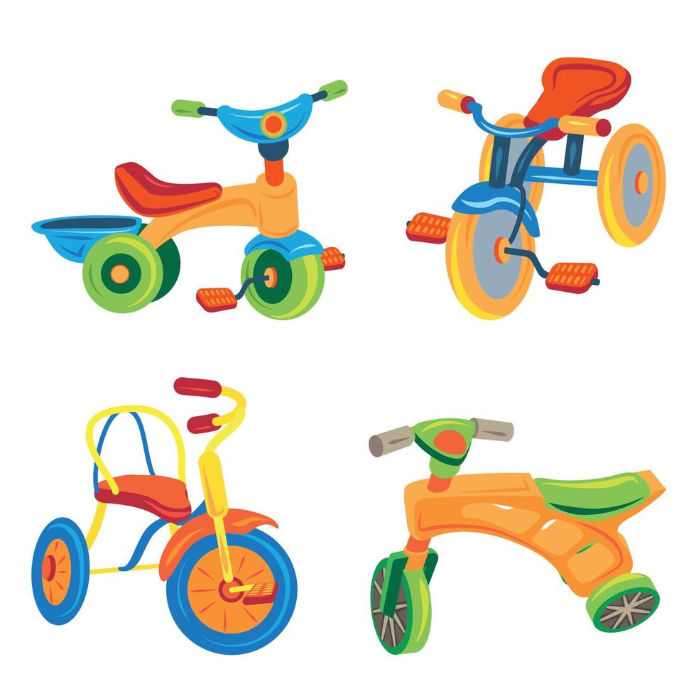 conjunto de ícones de triciclo, estilo cartoon vetor