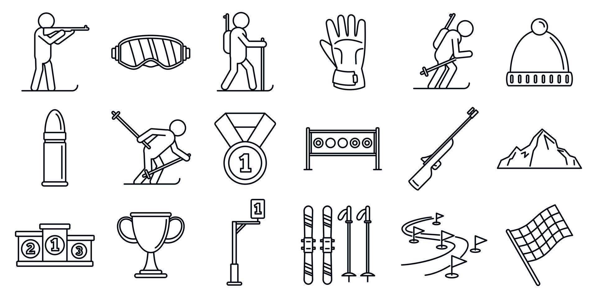 conjunto de ícones de esqui de biatlo, estilo de contorno vetor