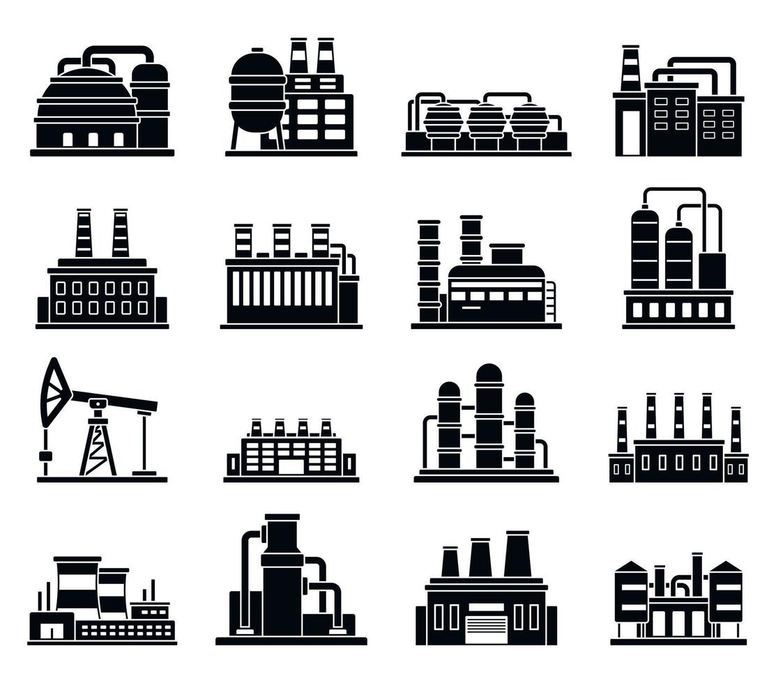 conjunto de ícones de fábrica de planta de refinaria, estilo simples vetor