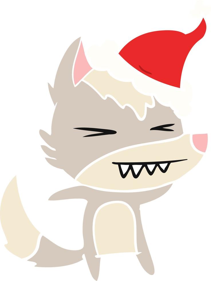 ilustração de cor plana de lobo bravo de um chapéu de Papai Noel vetor